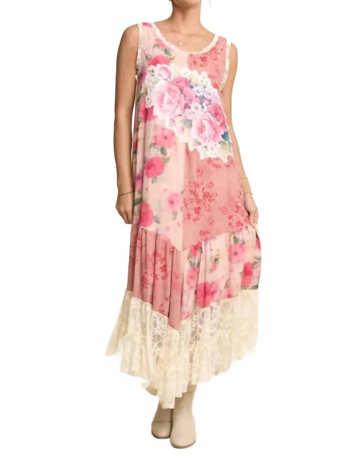 New Davi & Dani Women's Print Flower Patchwork Lace Tiered Dress In Pink Multi